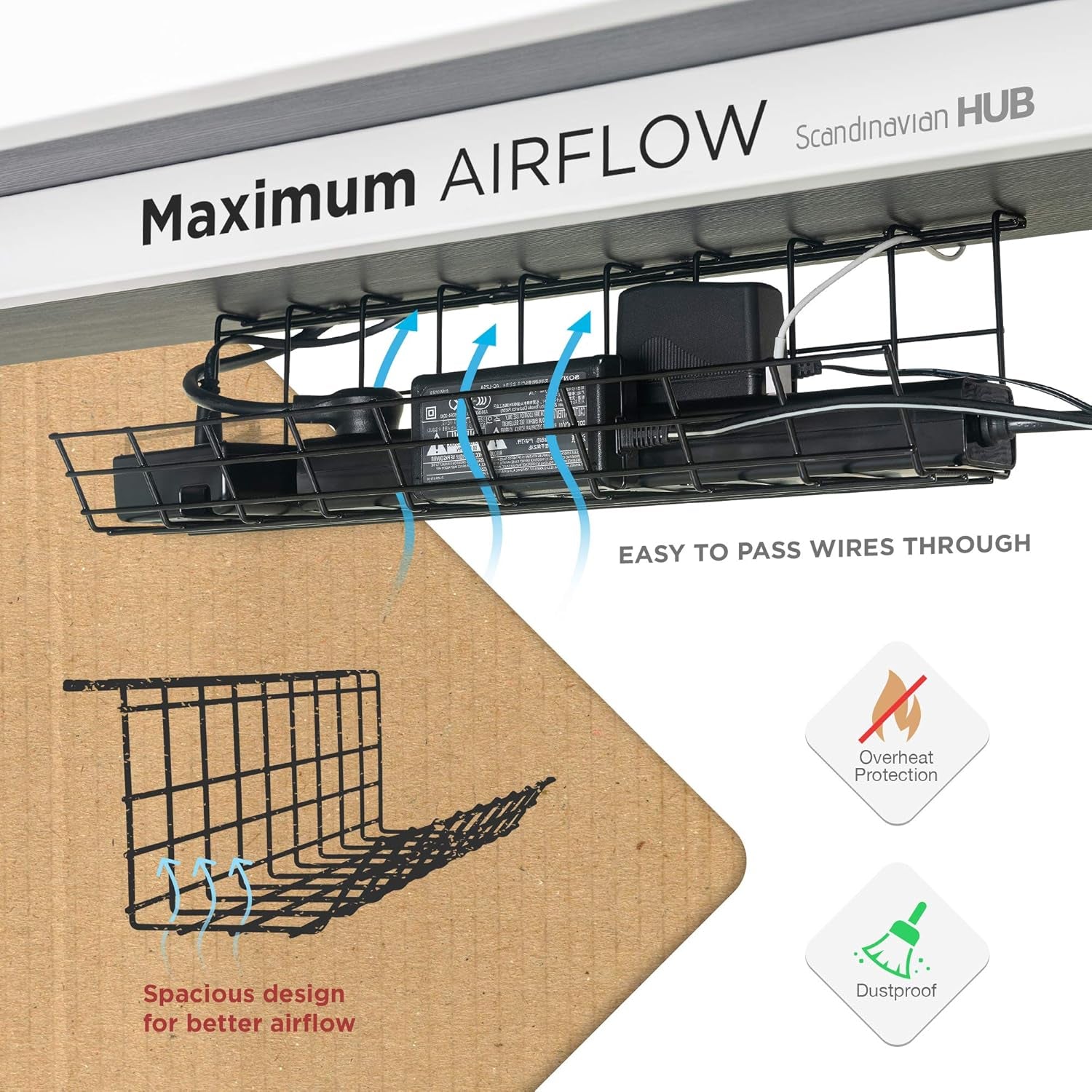 Under-desk dust-proof cable tray with spacious design for better airflow and overheat protection