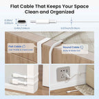 White flat Micro USB cable routed along the edge of a wooden dresser on a light blue background with bold black text reading "Flat Cable That Keeps Your Space Clean and Organized", a side-by-side comparison showing the flat cable labeled "Low-Profile & Clean Look" with a thumbs up versus a round cable labeled "Bulky & Sticks Out" with a thumbs down, plus two lower photos showing the cable routed along white baseboards and plugged into a wall outlet, with connector dimension measurements of 0.41in x 0.25in a