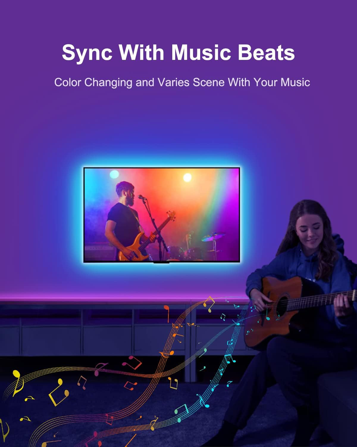 Color Changing Bluetooth LED Lights for TV, Smart App Control with 15Ft Strip - USB Powered Backlight for Bedroom, Gaming Room, PC, Mirror, Fits 55-75 Inch Tvs,15Ft