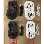Four-panel image on a tan cardboard background showing the bottom view of both black and white honeycomb gaming mice with their USB-C charging cables — top row shows both mice with a red rectangle highlighting the power switch and DPI button locations, bottom row shows both mice with red arrows pointing down to the black and white USB nano receivers stored in the underside compartment