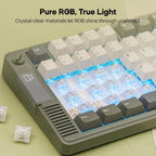 Close-up of a mechanical keyboard with white and gray keycaps partially removed, revealing crystal-clear switches glowing with blue RGB backlighting