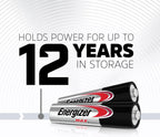Two Energizer MAX AAA alkaline batteries lying side by side showing silver and black body with red Energizer MAX logo, with large black text reading Holds Power For Up To 12 Years In Storage on white radial background with timeline graphic below
