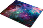 Smooffly galaxy gaming mouse pad shown at an angle on a white background, displaying the full cosmic nebula surface design with rounded corners and a thin white non-slip rubber base visible along the bottom edge