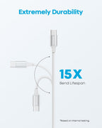 Huukein USB-C cable bend durability diagram showing cable flexing in multiple directions with text reading Extremely Durability 15X Bend Lifespan based on internal testing on white background