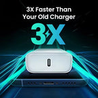 White 30W USB-C wall charger with single USB-C port sitting on the bottom edge of a dark smartphone showing USB-C port and speaker grilles, with large teal and blue gradient 3X text with lightning bolt and bold white text reading 3X Faster Than Your Old Charger on dark teal motion-blur background