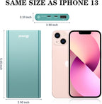 BONAI 12,000 mAh mint portable power bank with measurements next to iPhone 13, showing similar size on white background