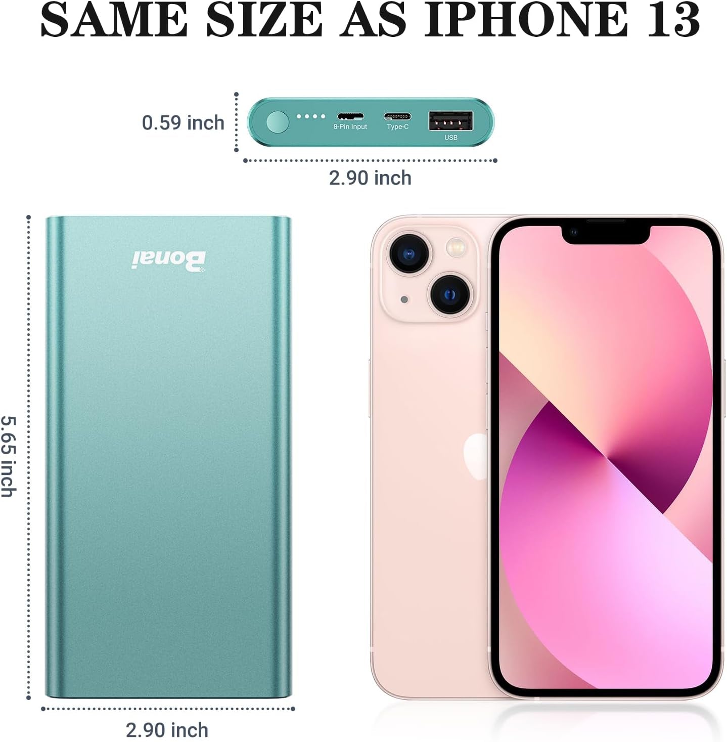 BONAI 12,000 mAh mint portable power bank with measurements next to iPhone 13, showing similar size on white background