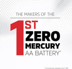 White radial background with large red number 1 and bold black text reading The Makers Of The 1st Zero Mercury AA Battery asterisk, with fine print reading asterisk Commercially available since 1991