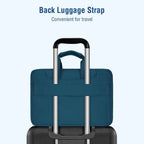 Teal MOSISO laptop bag mounted on the handle of a black rolling suitcase on a light blue background, with bold dark blue text reading "Back Luggage Strap — Convenient for travel"