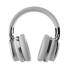 White COWIN E7 over-ear headphones shown from the front on a white background in folded position, displaying the full grey protein leather ear cushions, chrome silver hinges, and padded white headband