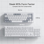 Size comparison of Redragon K631 Gery 65% keyboard at 12.2 x 4.13 inches with 68 keys versus a full-size 104-key keyboard