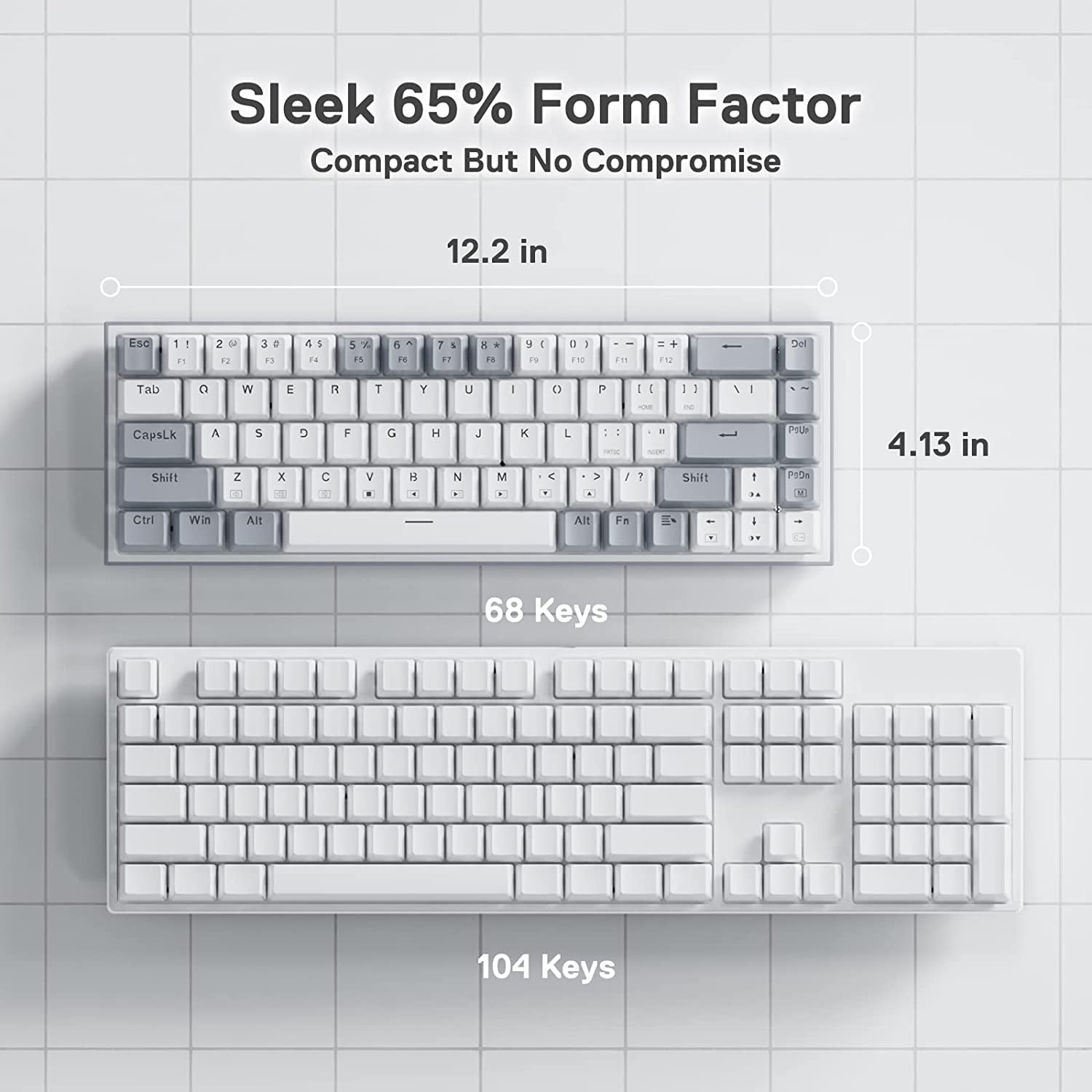 Size comparison of Redragon K631 Gery 65% keyboard at 12.2 x 4.13 inches with 68 keys versus a full-size 104-key keyboard