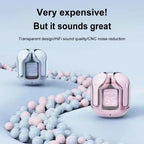 Silver chrome and pink wireless Bluetooth 5.3 earbud transparent charging cases on a surface of scattered white and pink spherical beads on light blue background, both cases closed showing LED digital battery display reading 95, with bold text reading Very expensive! But it sounds great and subtext reading Transparent design slash HiFi sound quality slash CNC noise reduction