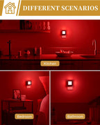 DORESshop red night light shown plugged into wall outlets in three rooms: kitchen, bedroom, and bathroom
