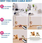 White cable management box concealing power strip, child and pet safe design