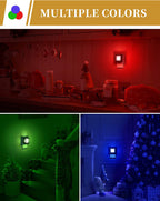 DORESshop LED night light shown in three color modes: red in living room, green in hallway, and blue near a Christmas tree