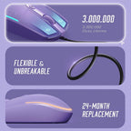 seenda purple wired mouse three-panel durability infographic: top panel shows transparent mouse body with optical sensor and text reading 3,000,000 Clicks Lifetime; middle panel shows flexible black USB cable looped with text reading Flexible and Unbreakable; bottom panel shows side profile with RGB glow and text reading 24-Month Replacement