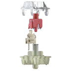 Cherry MX2A Silent Red switch exploded view showing clear top housing, red stem, metal leaf spring mechanism, and translucent bottom housing