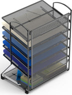 6-Tier metal mesh document organizer with office supplies back-angle view on a white background