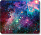 Smooffly galaxy gaming mouse pad shown flat from above on a white background, featuring a vibrant deep-space nebula design with swirling clouds of purple, blue, pink, red, and teal with scattered multicolored stars and glowing light clusters