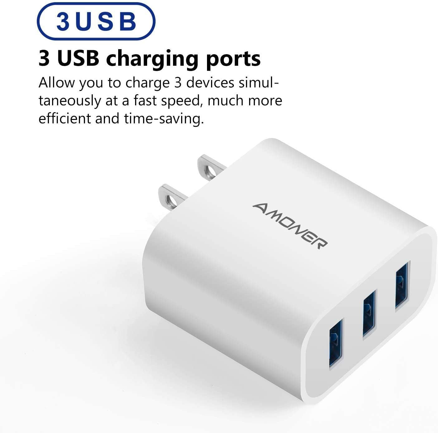 USB Wall Charger,  2Pack 15W 3-Port USB Charger Block - 3 USB Charging Ports allow you to charge 3 devices simultaneously at a fast speed