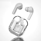 Two white T6 TWS wireless Bluetooth earbuds floating above white transparent charging case showing LED digital battery display reading 90 with L and R earbud battery bar indicators, with soft reflection on white gradient surface