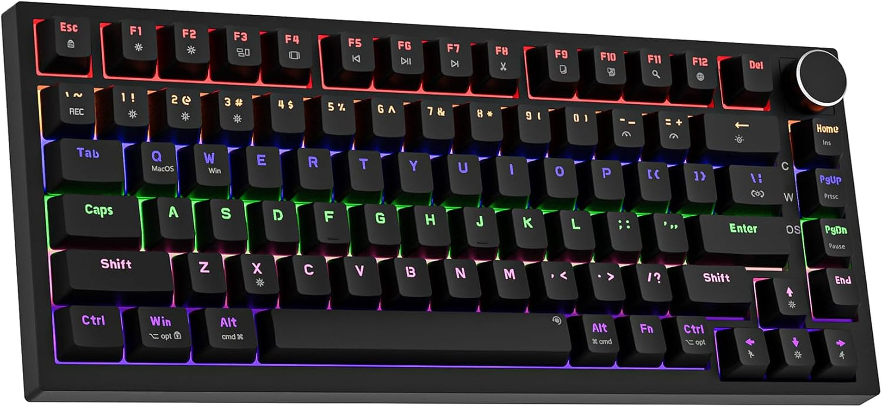 GM326 75% mechanical keyboard in black with multicolor RGB backlighting and volume knob, front angle view