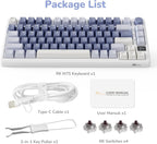RK M75 keyboard package contents: keyboard, Type-C cable, 2-in-1 key puller, 4 spare RK switches, and user manual