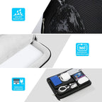 Lacdo laptop sleeve three-feature callout: water-resistant fabric close-up with Water Resistant badge, soft velvet interior lining with zipper, and open sleeve showing storage of hard drive, charger, phone, cables, and mouse with 360° Superior Protection badge