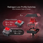 Redragon low-profile red switch versus standard mechanical red switch comparison diagram showing exploded switch view at 4mm keycap height, with specs: low-profile 1.2mm distance to actuation and 12mm switch height versus standard 2.0mm distance to actuation and 18mm switch height, on dark red background with text reading Redragon Low-Profile Switches Short Actuation Faster and Preciser