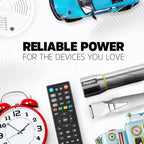 Top-down flat lay of six battery-powered household devices on white background: white smoke detector, blue toy RC car, red twin-bell alarm clock, black TV remote control, carbon fiber Energizer flashlight, white electric hair trimmer, and blue tin robot toy, with bold text reading Reliable Power For The Devices You Love