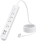 White power strip with USB C port showing 4 AC outlets, 3 USB-A ports, flat plug, and 6ft cord on white background