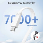 White flat Micro USB cable connector curving on a light blue background with bold black text reading "Durability You Can Rely On" and large blue text reading "7000+ Bend Lifespan", with a small inset circle in the bottom right showing a frayed black cable with a red X to contrast inferior durability