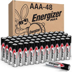 Energizer MAX AAA 48-count bulk pack showing cardboard box with Energizer Bunny mascot illustration and AAA-48 label, with approximately 45 silver and black AAA batteries with red Energizer MAX logo fanned out in front and one single battery lying flat in foreground, on white background
