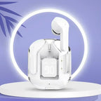 White wireless Bluetooth 5.3 earbud in transparent charging case centered inside a glowing white circular ring light on a purple background with blue tropical leaf shadow, one white earbud ejected upright, LED display reading 90, case sitting on a white cylindrical podium