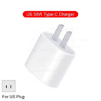 White 30W USB-C wall charger with US two-prong flat plug showing single USB-C port on front face, compact cube form factor, on white background with red pill badge reading US 30W Type-C Charger and US outlet diagram with label For US Plug in lower left corner