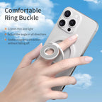 Hand holding silver iPhone 16 Pro from behind with silver MagSafe magnetic ring grip attached to back, index finger looped through inner ring for secure one-handed hold, with three orange bullet points reading 3.5mm thin and light, Adjust the angle in all directions, Stable magnetic attraction without falling off, and text reading Comfortable Ring Buckle on light blue sky background with clouds