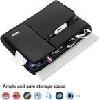 Lacdo black laptop sleeve open at an angle showing MacBook, mouse, earphones, credit cards, USB drive, and pen stored across multiple pockets, with accessory icons below and text reading Ample and Safe Storage Space