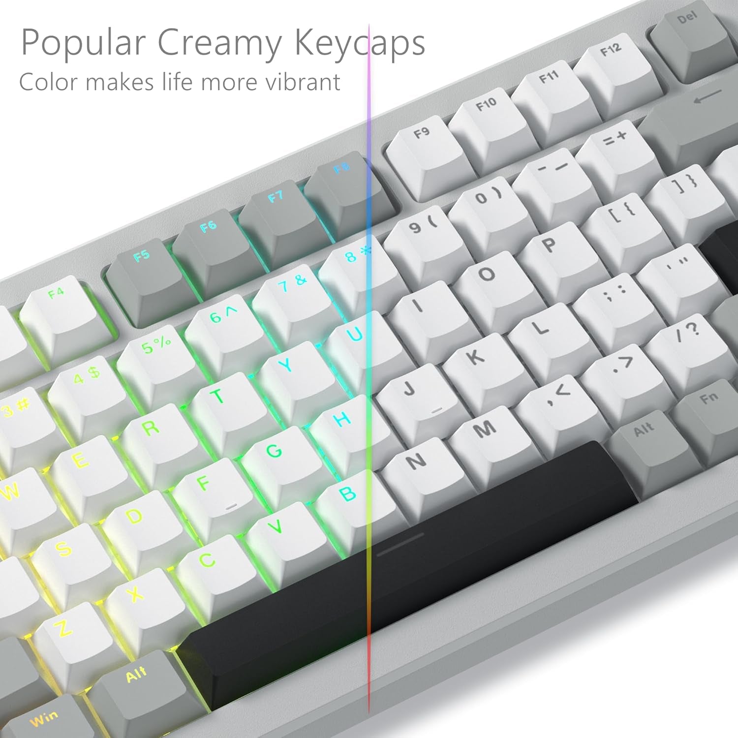 Split comparison of creamy white shine through PBT keycaps on a mechanical keyboard, left side showing RGB backlight glowing through the legends, right side showing the same keycaps without backlight