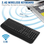 Black ergonomic wireless keyboard shown at an angle on a white background with blue concentric signal rings radiating from the USB nano receiver plugged into a silver laptop, bold blue text reading "2.4G Wireless Keyboard — Plug & Play, No need to download any drivers" at the top, a dashed line labeled "33ft / 10m" showing the wireless range, and a blue 2.4G WiFi icon in the bottom left corner