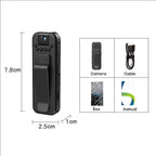 Black mini body camera on a white background with dimension measurements showing 7.8cm tall, 2.5cm wide, and 1cm deep, alongside a 2x2 grid showing the full package contents: camera, cable, box, and manual