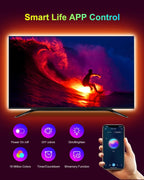TV with TV LED backlight strips controlled by smartphone on a orange background