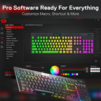 Redragon K618RGB-PRO software interface showing Light Effect menu with 14 preset modes including Fixed on, Rainbow, Raindrops, Neon stream, and more, with keyboard preview showing green-yellow-pink gradient RGB layout, brightness and color sliders, color wheel, and custom color swatches, with Redragon K618 PRO keyboard below showing rainbow RGB underglow and text reading Pro Software Ready For Everything Customize Macro Shortcut and More