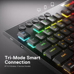 Close-up of Redragon K618 PRO top-left corner showing BT1, BT2, BT3, and 2.4G connectivity keys with teal RGB backlighting, USB-C port on left side, 2.4G/OFF/BT toggle switch, and three device icons (monitor, phone, tablet) connected via dotted lines, with text reading Tri-Mode Smart Connection BT 5.0 Wireless 3 Devices Storable