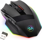 Wireless programmable gaming mouse with 9 macro buttons and USB receiver on a white background
