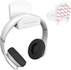 TotalMount white headphone wall mount hanger holding a white over-ear headset by the headband, with Total Mount embossed text on the hook body, and a separate Total Grip Bonding Base adhesive strip pack shown in upper right corner, on white background