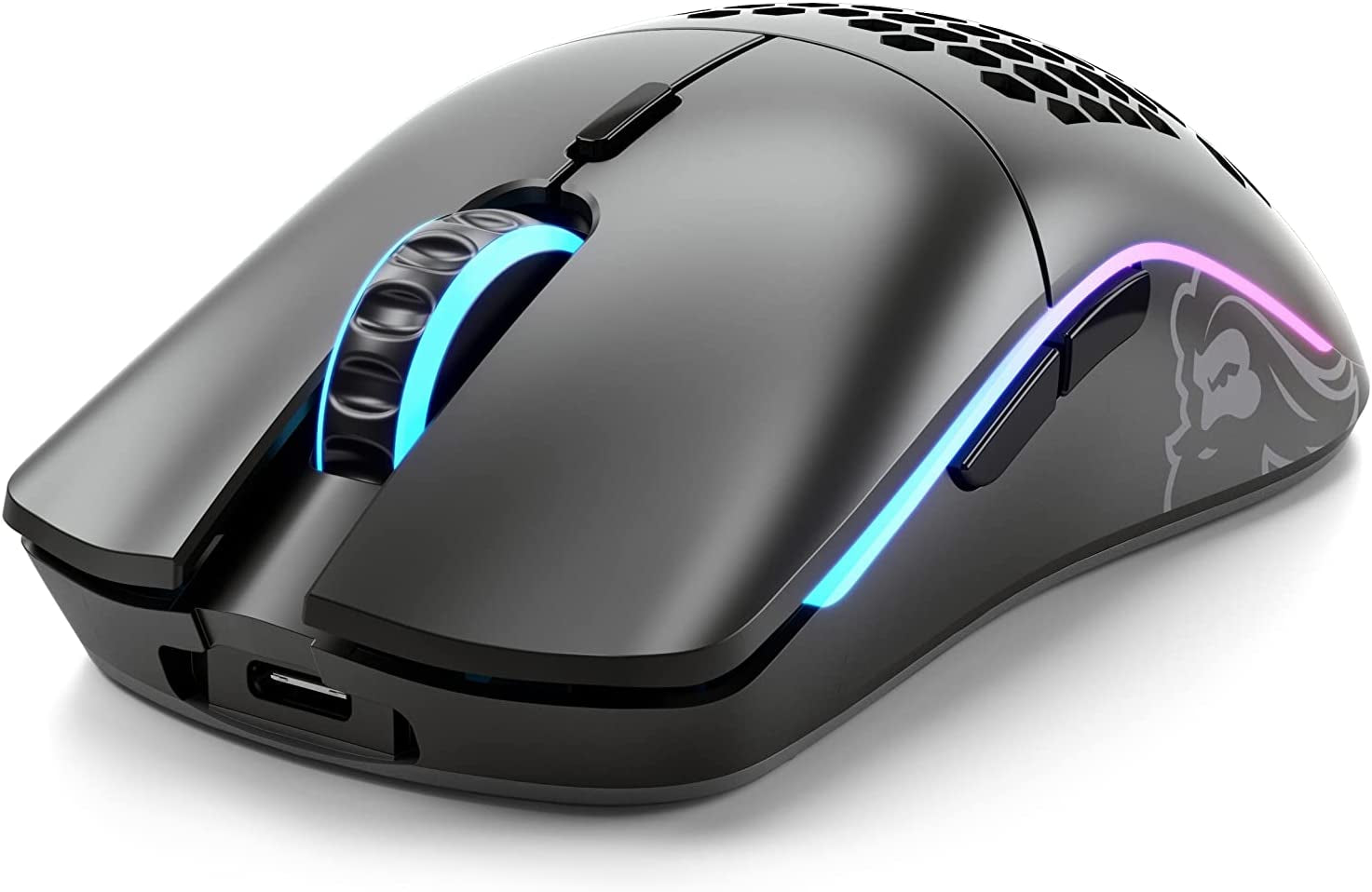 Glorious Model O Wireless 2.4GHz Gaming Mouse with RGB scroll wheel front side view