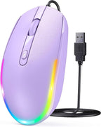 seenda purple RGB wired mouse angled front view showing left and right click buttons, scroll wheel, DPI button, and rainbow RGB underglow lighting strip, with black USB-A connector beside it on white background