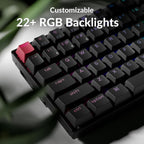 Close-up of Keychron K2 V3 black PBT keycaps showing per-key RGB backlighting in blue and purple tones with red Escape keycap, with text reading Customizable 22+ RGB Backlights