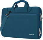 Teal MOSISO laptop bag on a white background showing the front exterior with dual top handles, detachable shoulder strap with metal clip, two side zipper pockets, and MOSISO logo badge